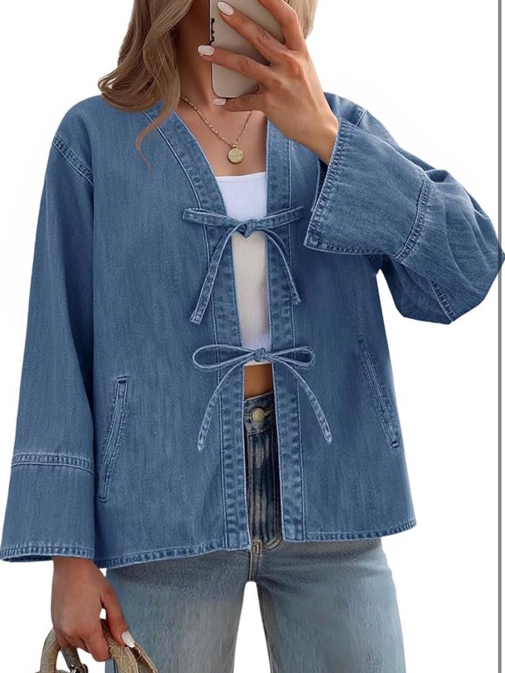Tankaneo Bow Tie Front Denim Jacket Small Blue Coquette Wide Sleeve Streetwear